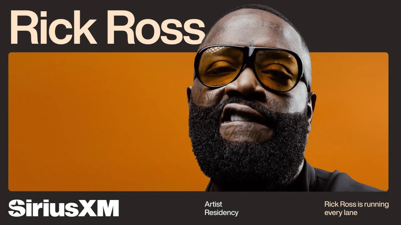 Rick Ross, a man with a thick beard and sunglasses poses in front of an orange background. Large text reads Rick Ross. SiriusXM branding appears at the bottom. Hear Rick Ross on Hip-Hop Nation