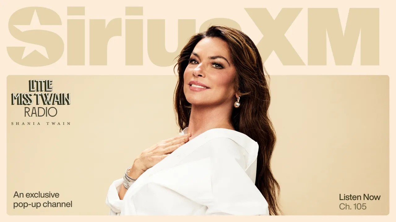 Shania Twain in a white outfit smiles and poses with her hand on her chest. The image promotes Little Miss Twain Radio on SiriusXM channel 105, with beige text and background.