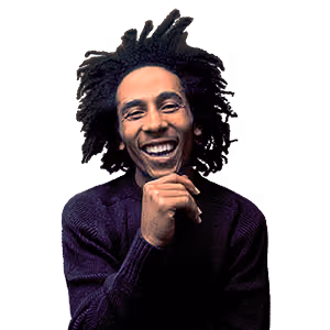 Bob Marley smiling with dreadlocks.