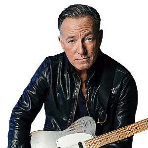 Bruce Springsteen wearing a black leather jacket and holding an electric guitar.