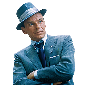 Frank Sinatra wearing a fedora and a suit with his arms crossed.