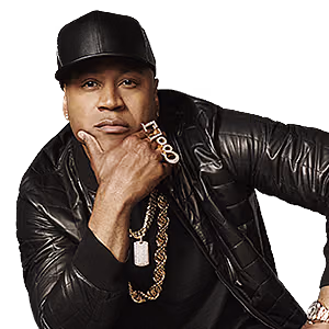 LL Cool J wearing a black baseball cap and jacket, with a gold chain and a ring that reads Cool J.
