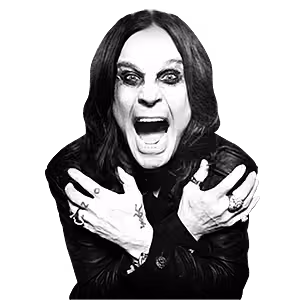 Ozzy Osbourne with his arms crossed over his chest, mouth wide open in a yell.