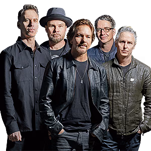 The band Pearl Jam posing together against a white background.