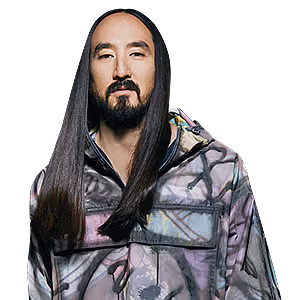 Portrait of DJ Steve Aoki with long dark hair and a beard, wearing a patterned jacket.