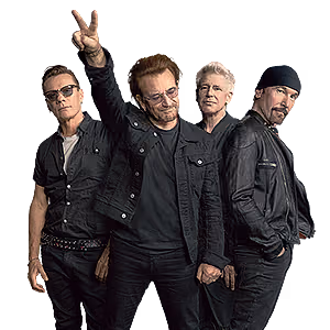 The rock band U2, with Bono in the center making a peace sign.