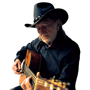 Willie Nelson wearing a cowboy hat while playing an acoustic guitar.